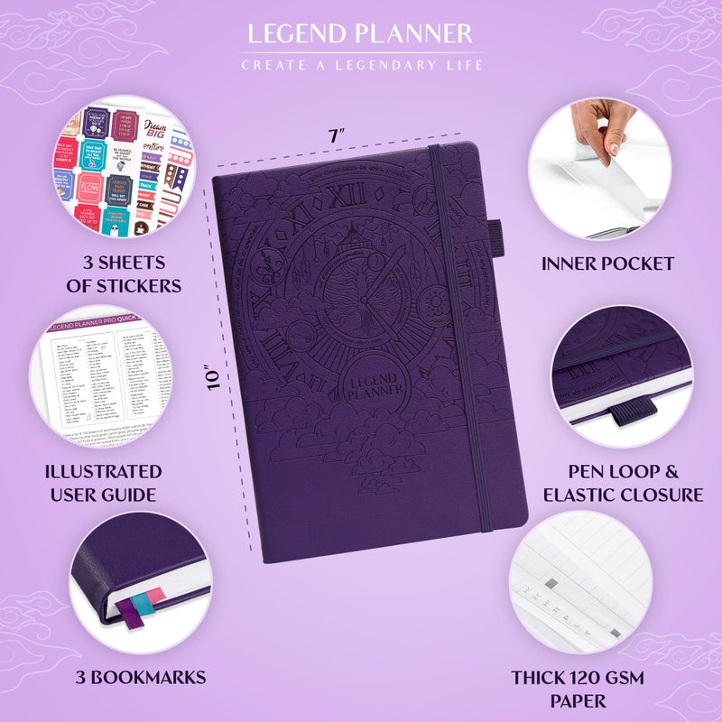 Legend Planner PRO â€“ Deluxe Weekly & Monthly Life Planner to Increase Productivity and Hit Your Goals. Time Management Organizer Notebook â€“ Undated â€“ 7 x 10" Hardcover + Stickers â€“ Dark Purple - Image 2